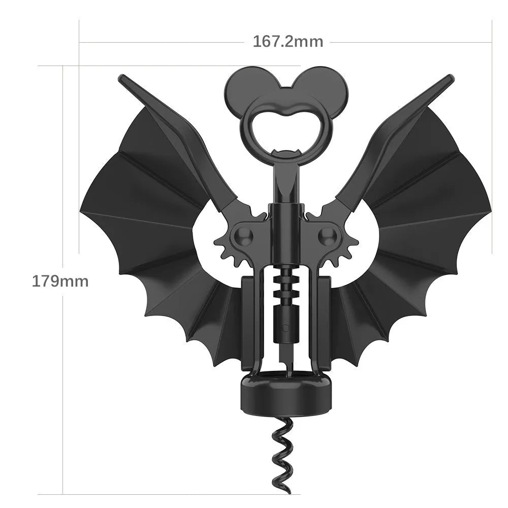 2-in-1 bat-shaped wine bottle opener in zinc alloy, 179 mm, on a flat surface