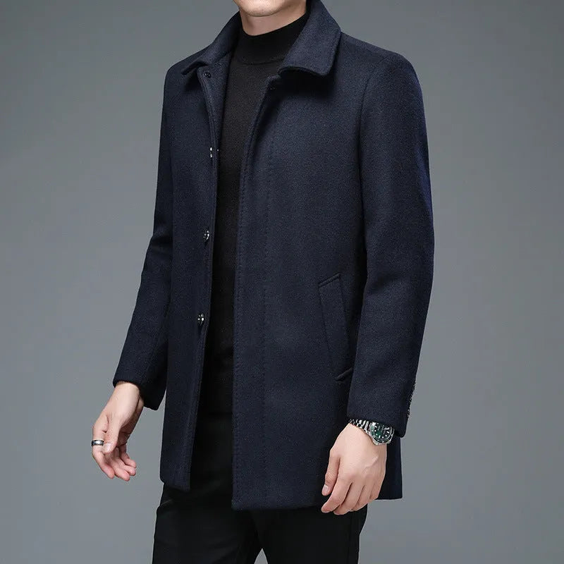 Mid-length wool blend trench coat with lapel collar in navy blue, Korean slim fit