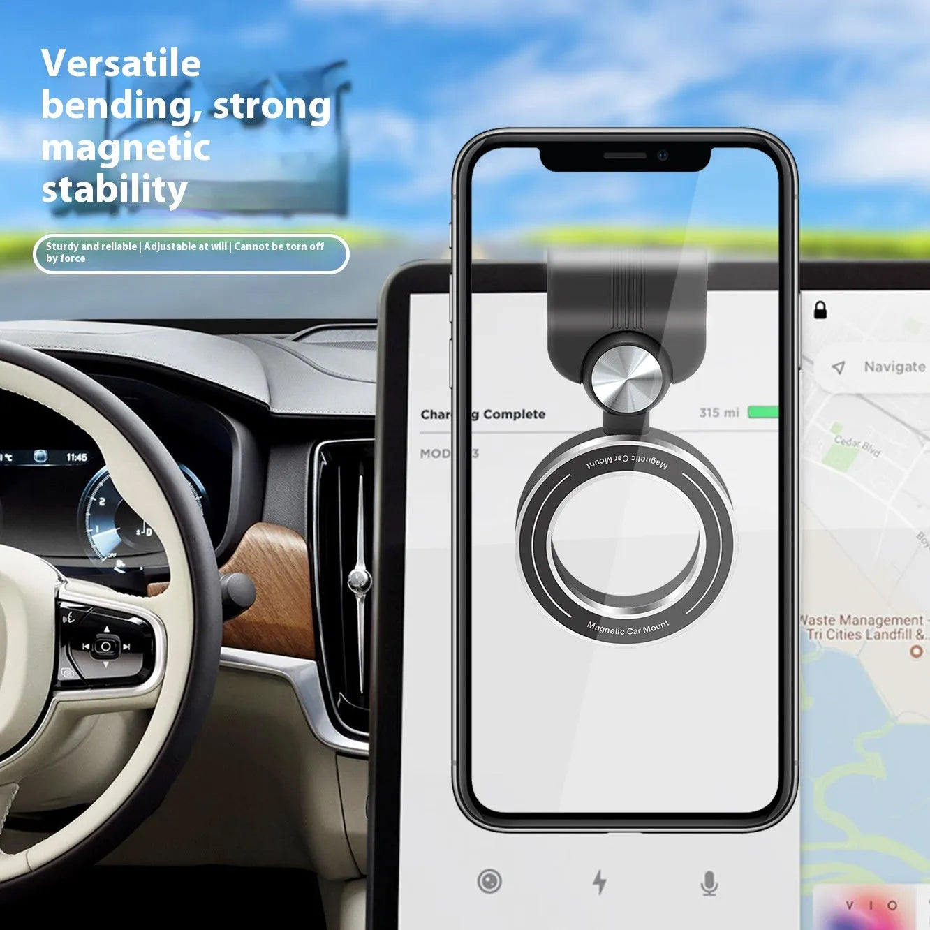 Magnetic suction folding car phone holder in RT025 Classic Edition on dashboard for secure driving use