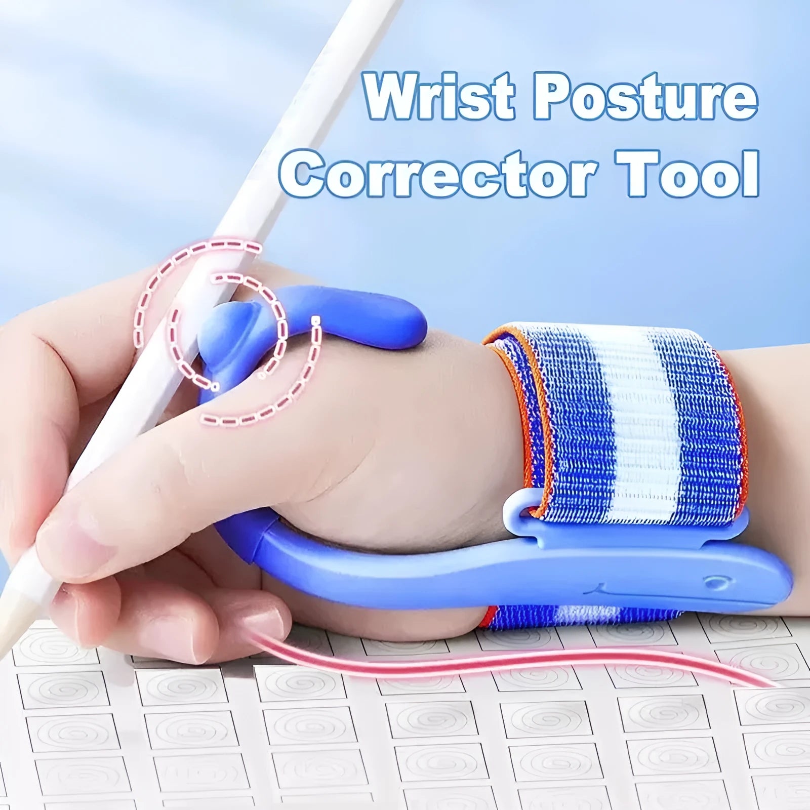 Blue Anti-hook Holder Pen Control Corrector, a wrist brace and pencil grip for children's handwriting.