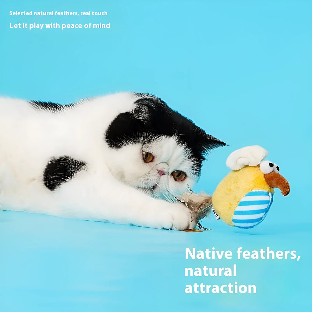 Bird-shaped catnip cat toy made from fleece cloth and woven fabric in two colour options