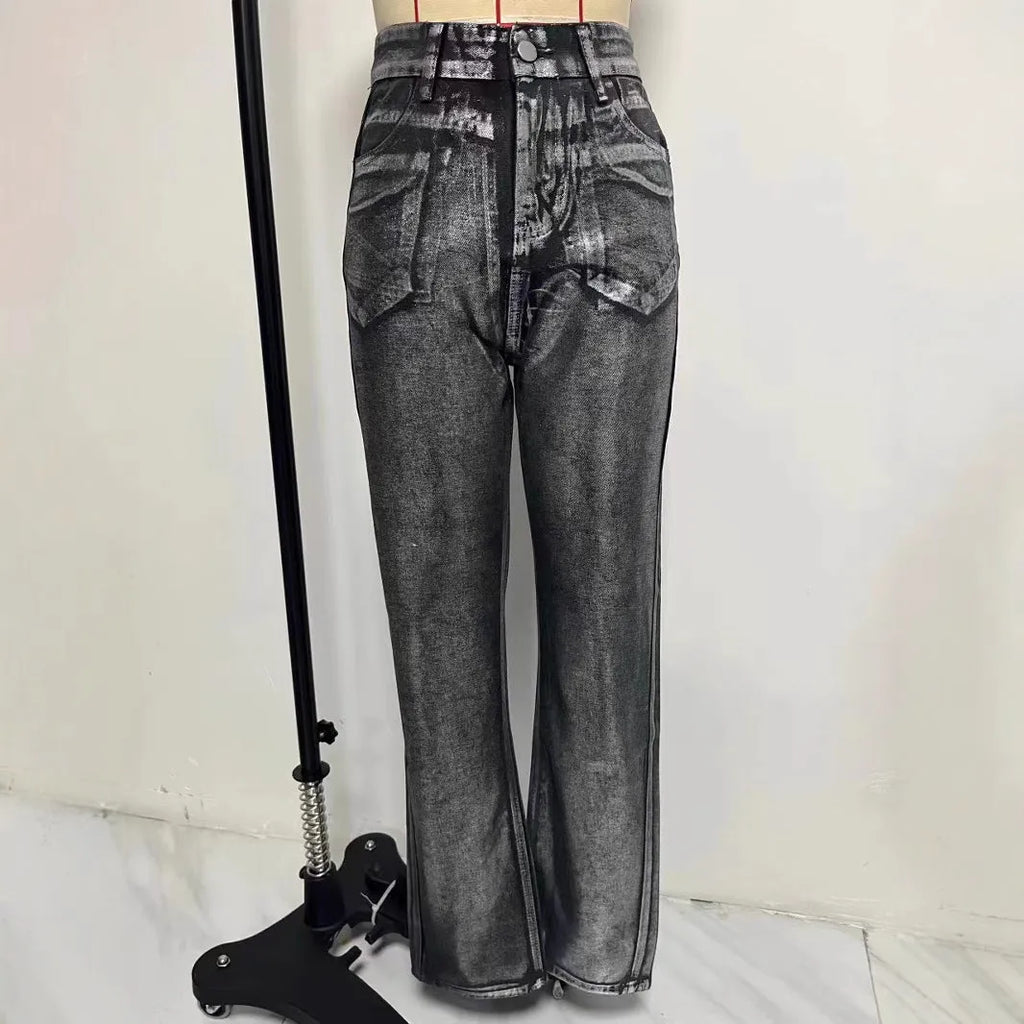 Blue high waist straight leg jeans with contrast details on mannequin