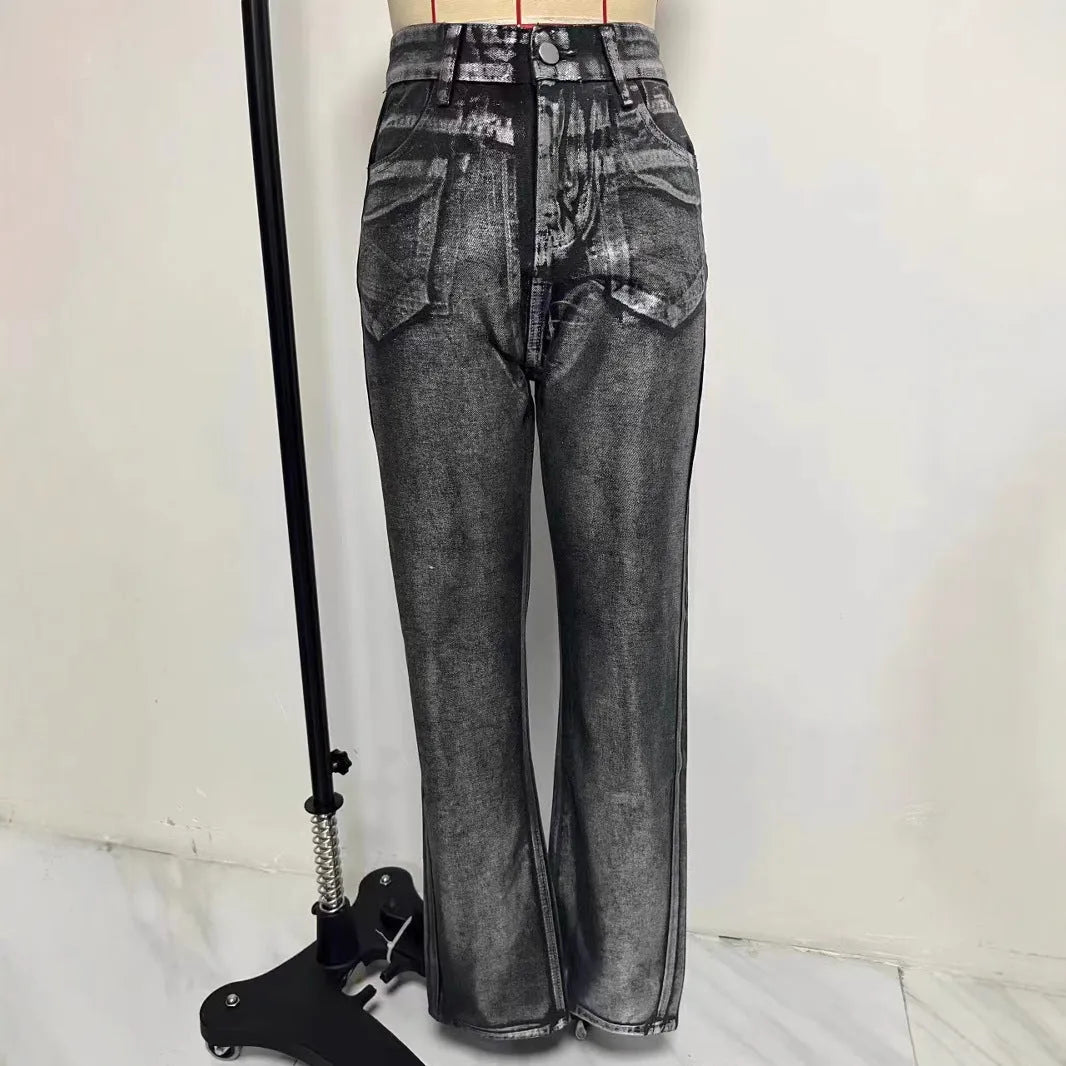 Blue high waist straight leg jeans with contrast details on mannequin