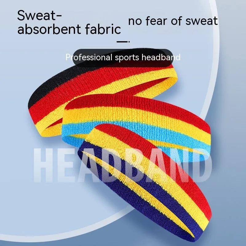 Colourful elasticated sports headband for adults, shown in multiple colour combinations, laid flat to show 5.5cm by 20cm dimensions.