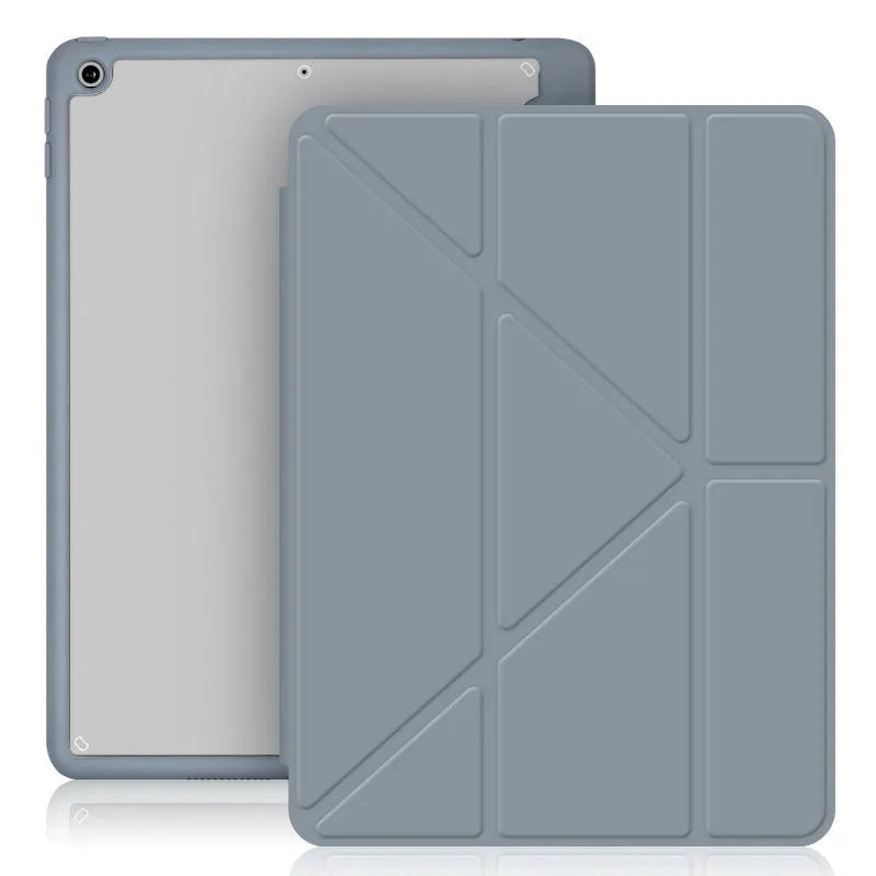 Slim imitation leather iPad case in dark grey with Y-fold bracket open and Apple Pencil in built-in slot.