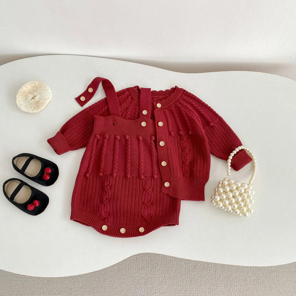 Infant women's hand-hook bubble ball knit romper and coat set in grape red, long sleeve, solid colour viscose