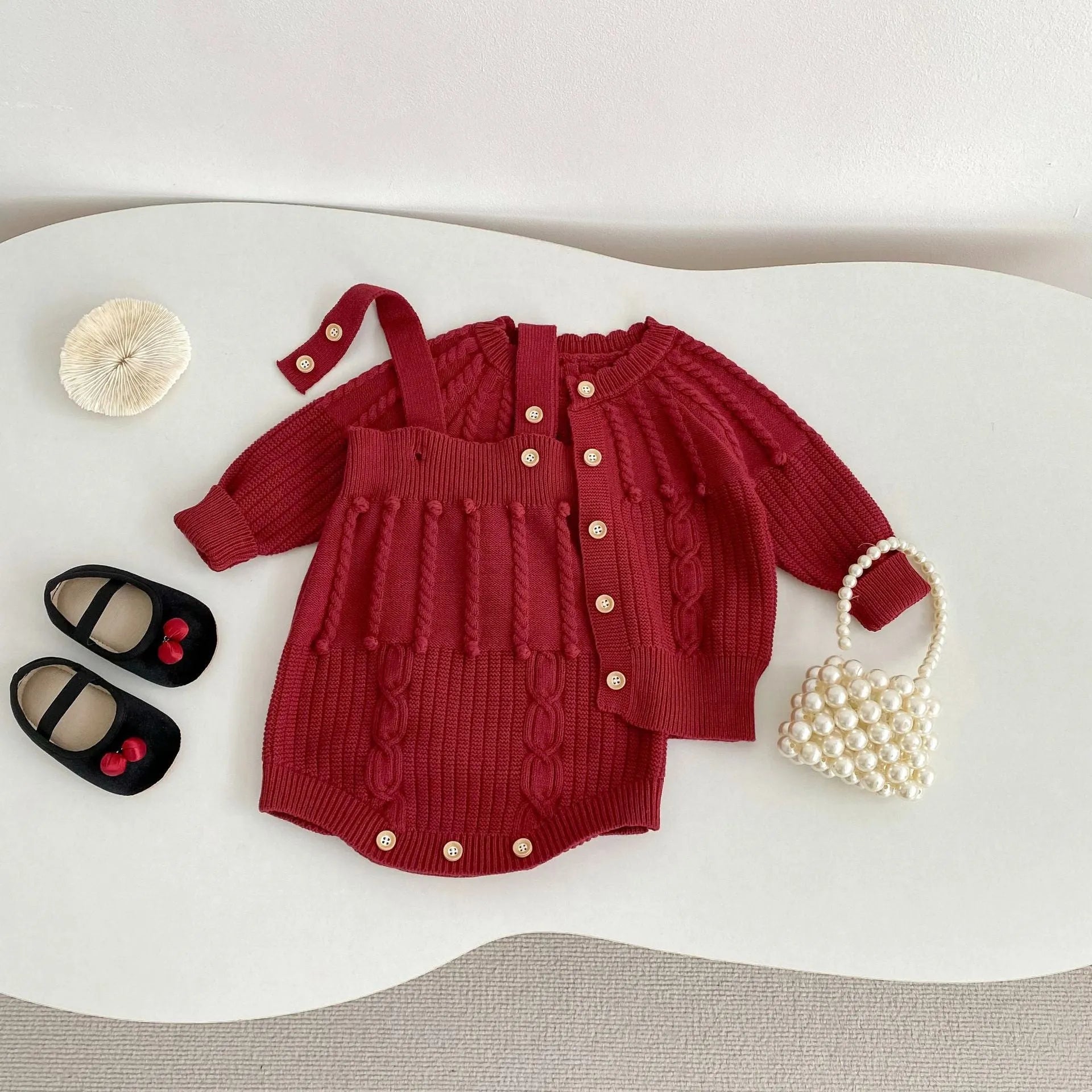 Infant women's hand-hook bubble ball knit romper and coat set in grape red, long sleeve, solid colour viscose