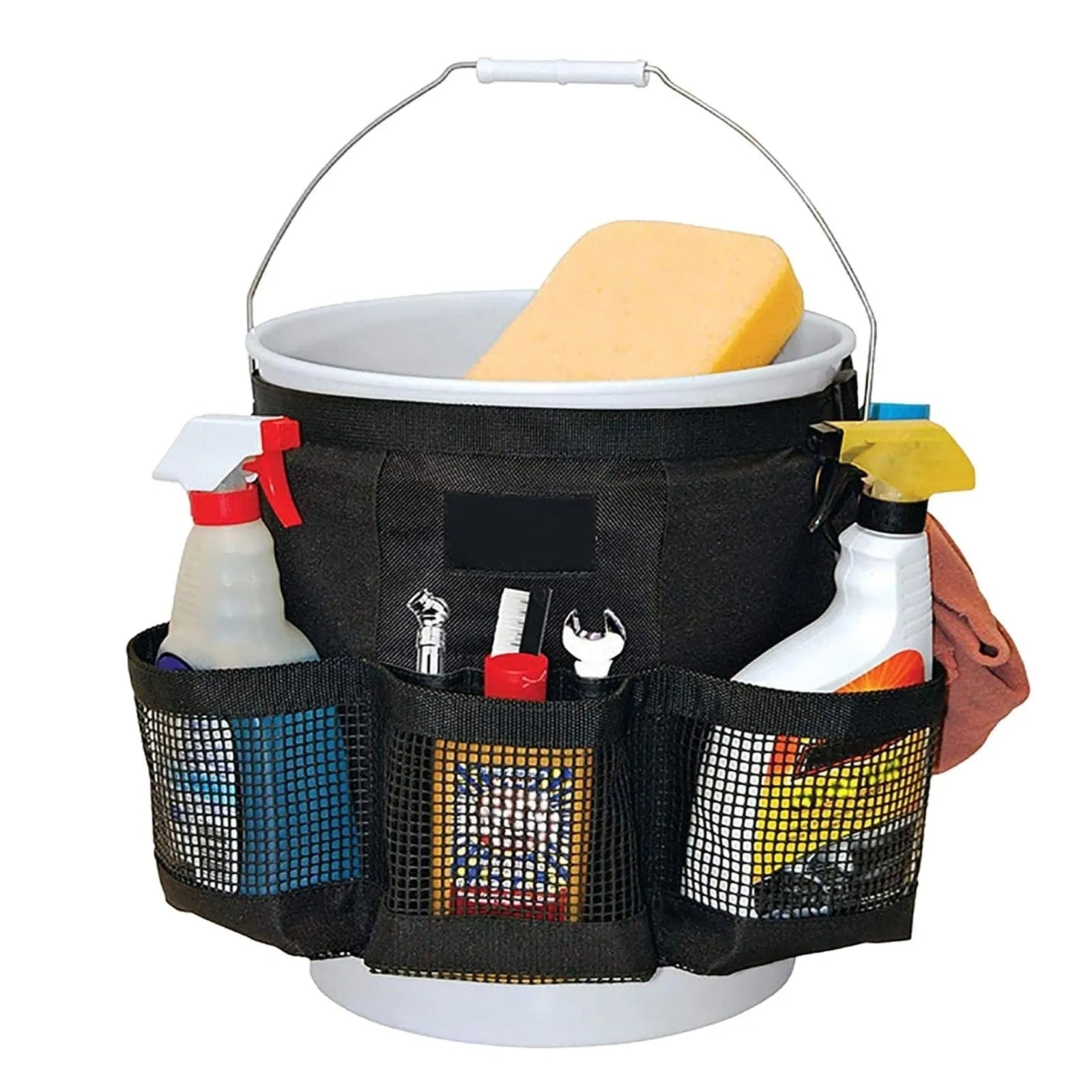 Black polyester bucket storage bag hanging on 5 gallon bucket for tool organisation