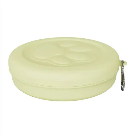Collapsible silicone dog bowl with snap-on lid in pink and green colour options showing L and S sizes