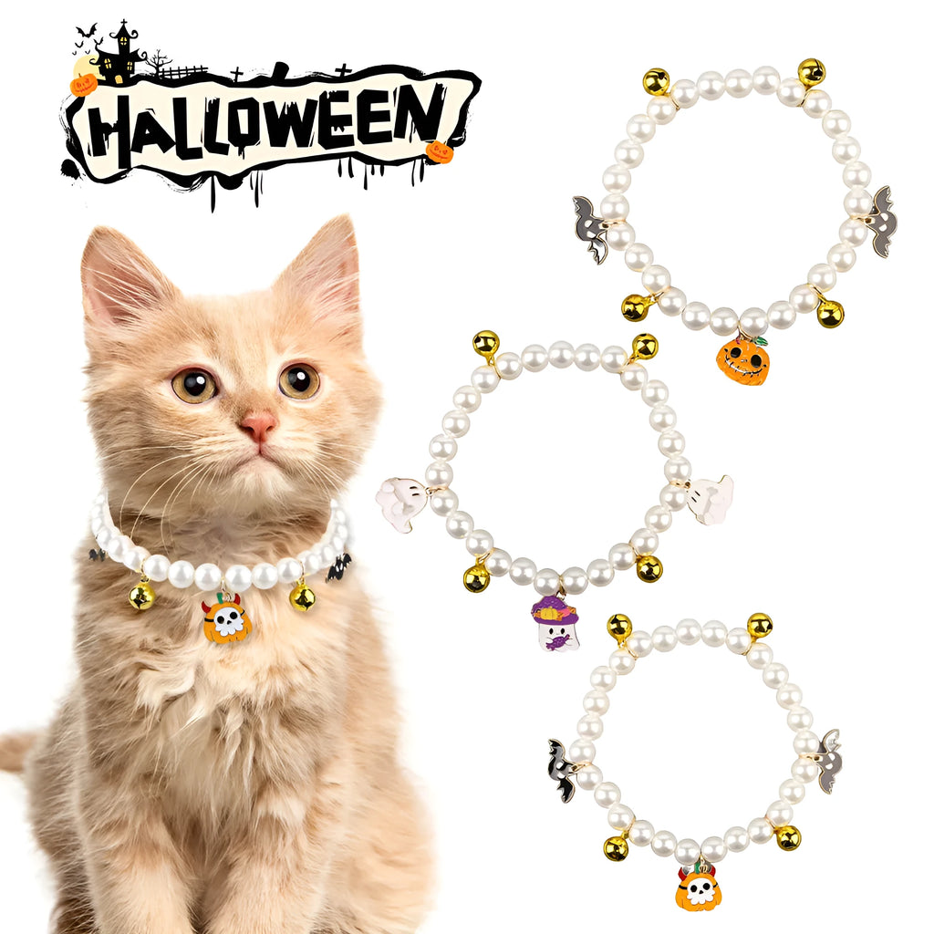 Simulated pearl Halloween cat collar with pumpkin and ghost decoration designs