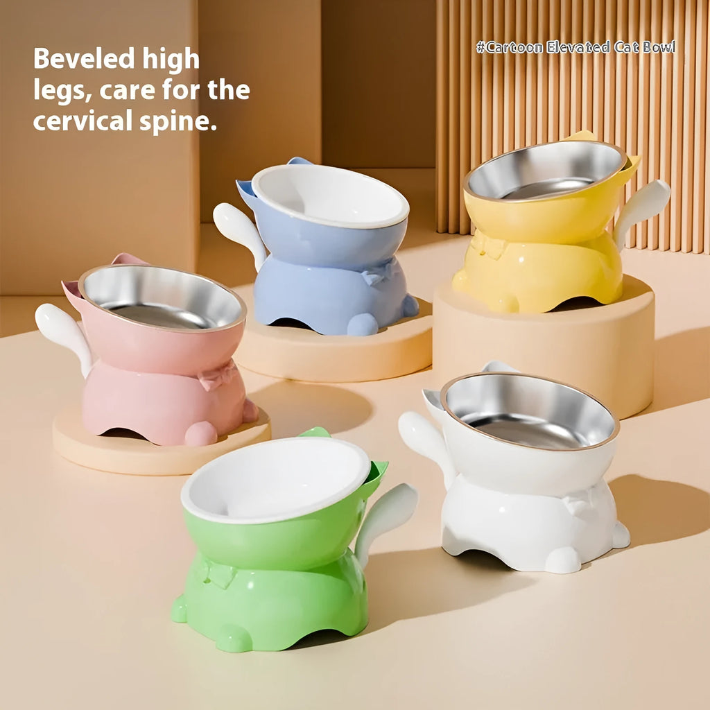 Stainless steel oblique anti-fall cat bowl with weighted base and silicone non-slip ring in blue.