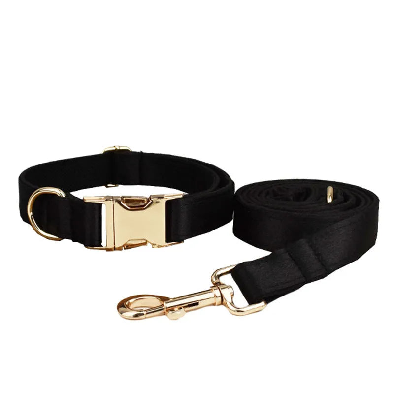 Cloth dog collar and leash set with matching decorative bow and dog vest in various sizes