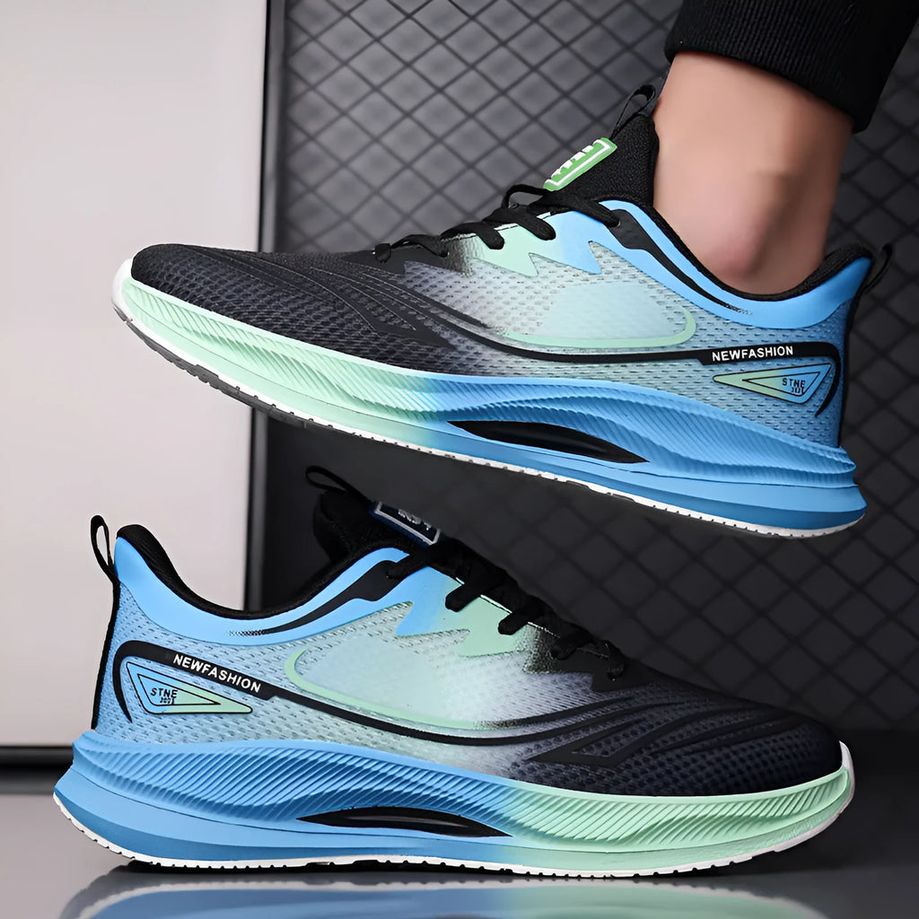 Men's low-top casual shoes in grey-green with a woven mesh upper and a rubber platform sole.