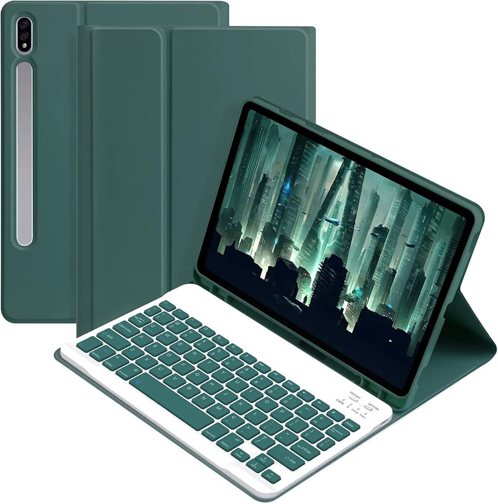 Samsung Galaxy tablet in a TPU protective case with a matching Bluetooth keyboard and charging mouse.