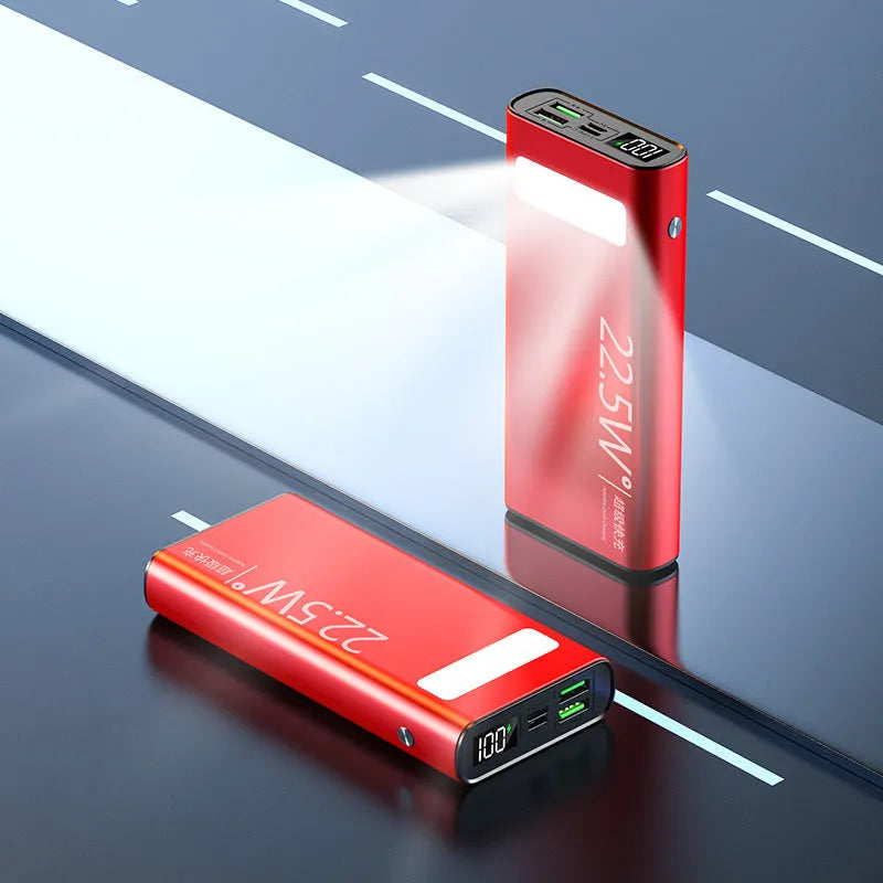 Alloy 22.5W super fast charging 20000mAh power bank in four colour options showing LCD display.