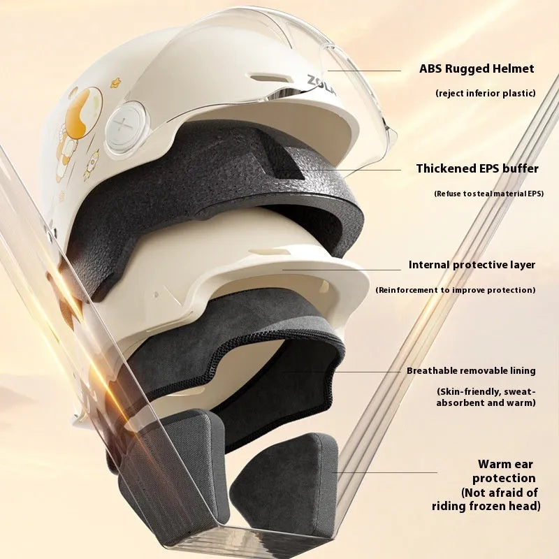 Khaki electric motorcycle half helmet with long visor showing ABS construction and free size fit