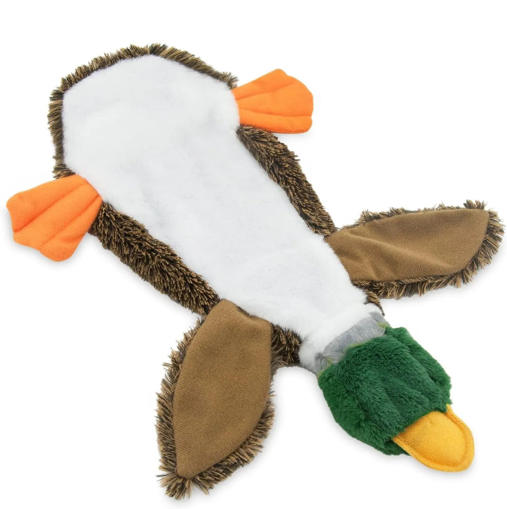 Green wild duck design stuffless dog toy with two squeakers and bottle insert cavity.