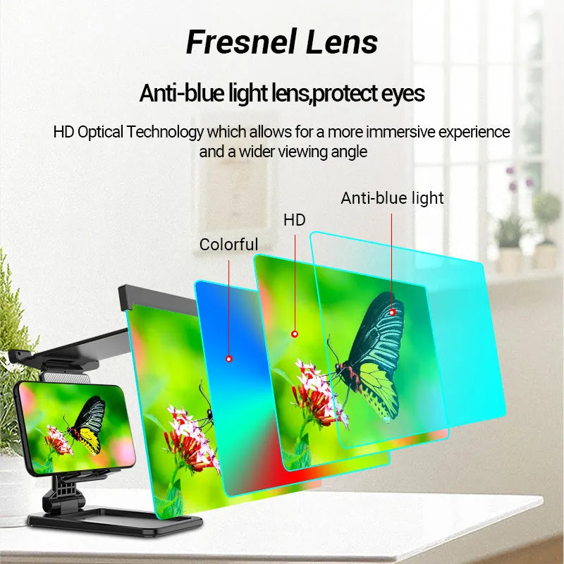 Black folding mobile phone screen amplifier with detachable holder showing 12 inch curved display