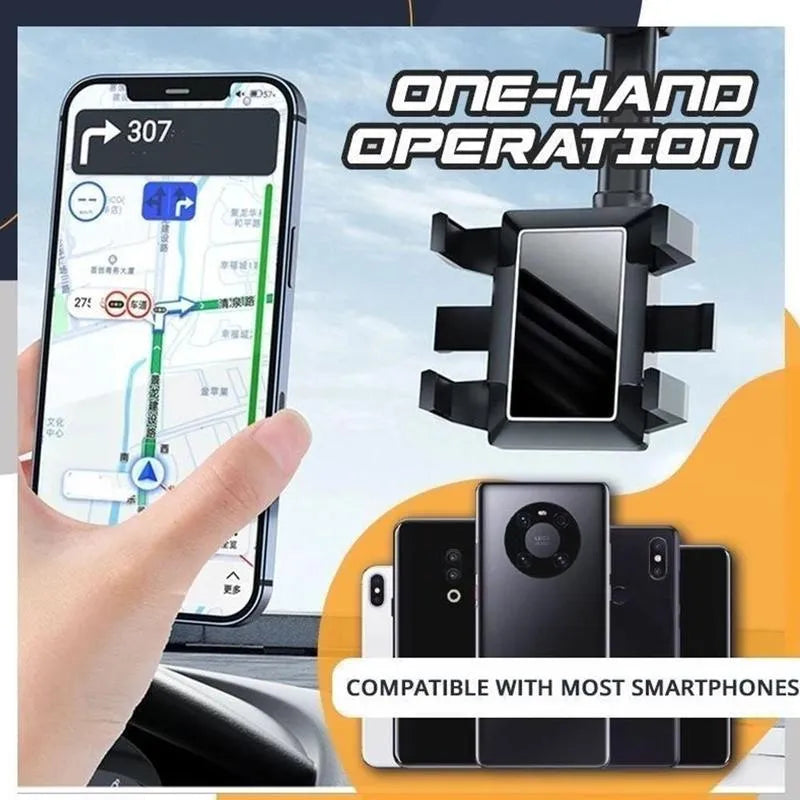 Black rearview mirror car phone holder with retractable arm and 360-degree rotating phone clip.