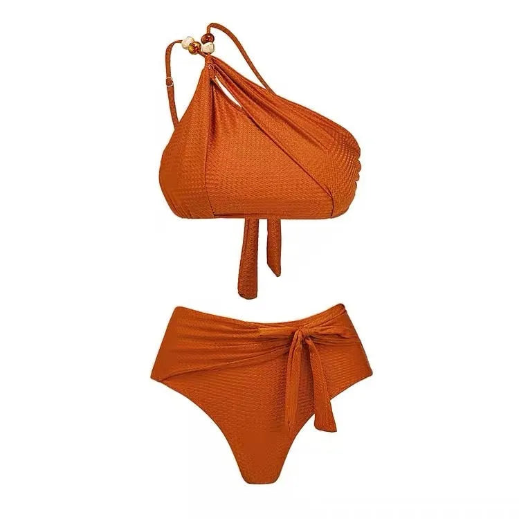 Women's high waist push up bikini swimsuit with chiffon dress in black, brown or green colour options