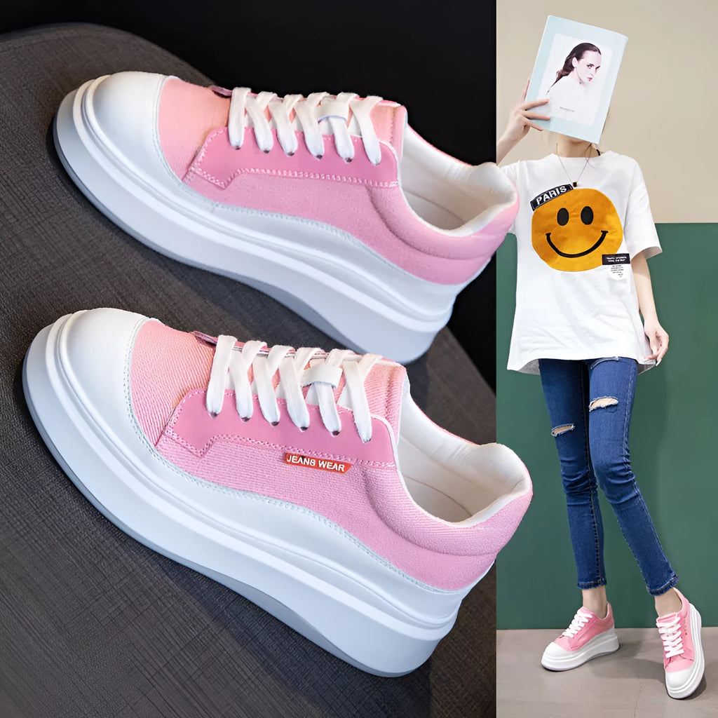 Women's beige leather board shoes with thick soles for height increase on neutral background