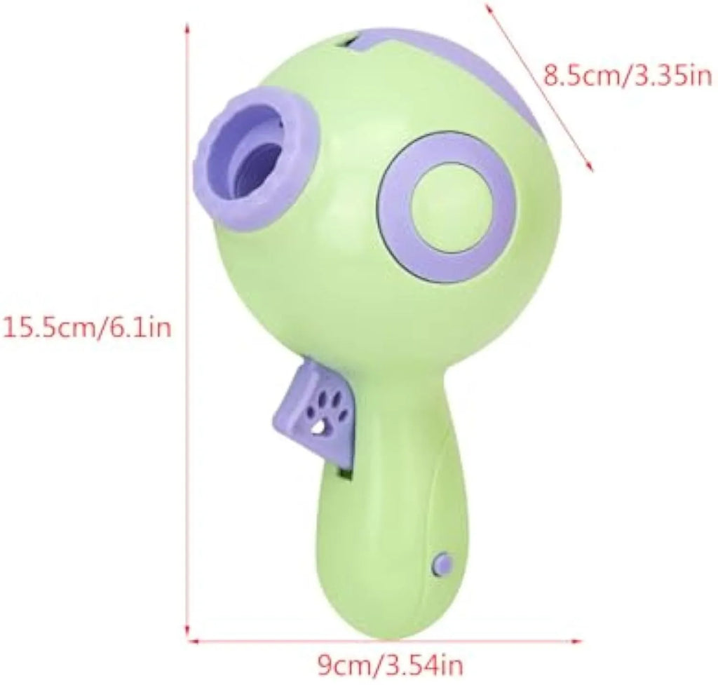 Green dog treat launcher toy measuring 15.5cm length with automatic food dispenser
