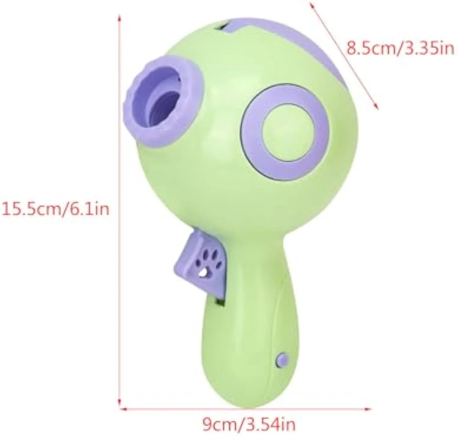 Green dog treat launcher toy measuring 15.5cm length with automatic food dispenser
