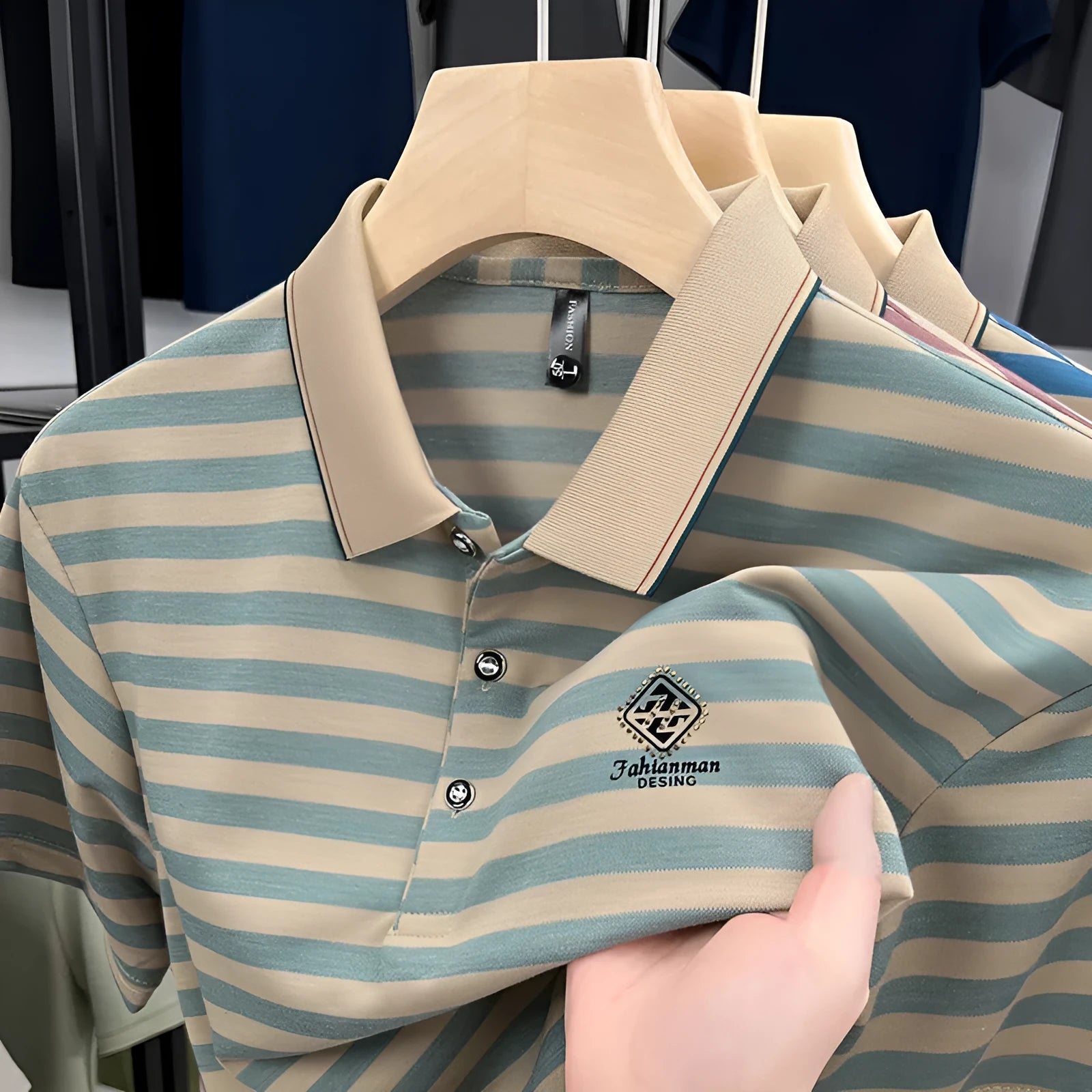 Men's striped casual short sleeve shirt with mosaic pattern in polyester fabric