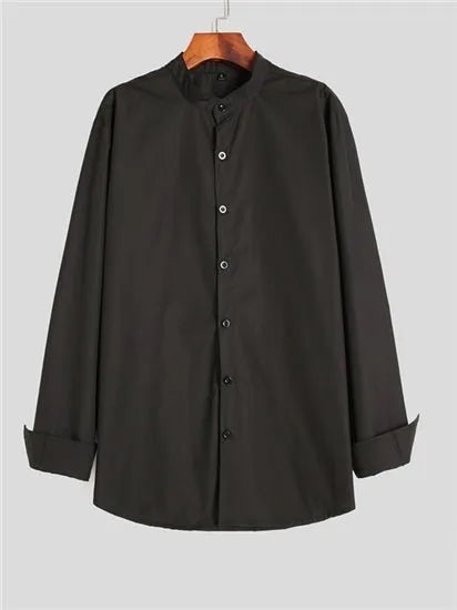 Teenage men's black stand-up collar shirt with fitted silhouette, shown front view, plain background.