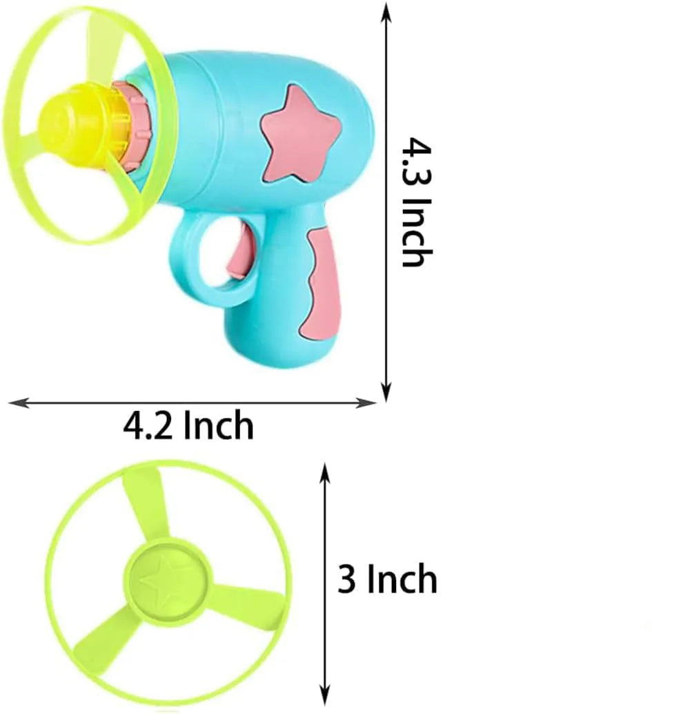Blue interactive cat toy gun with plastic Frisbee mounted on launch mechanism