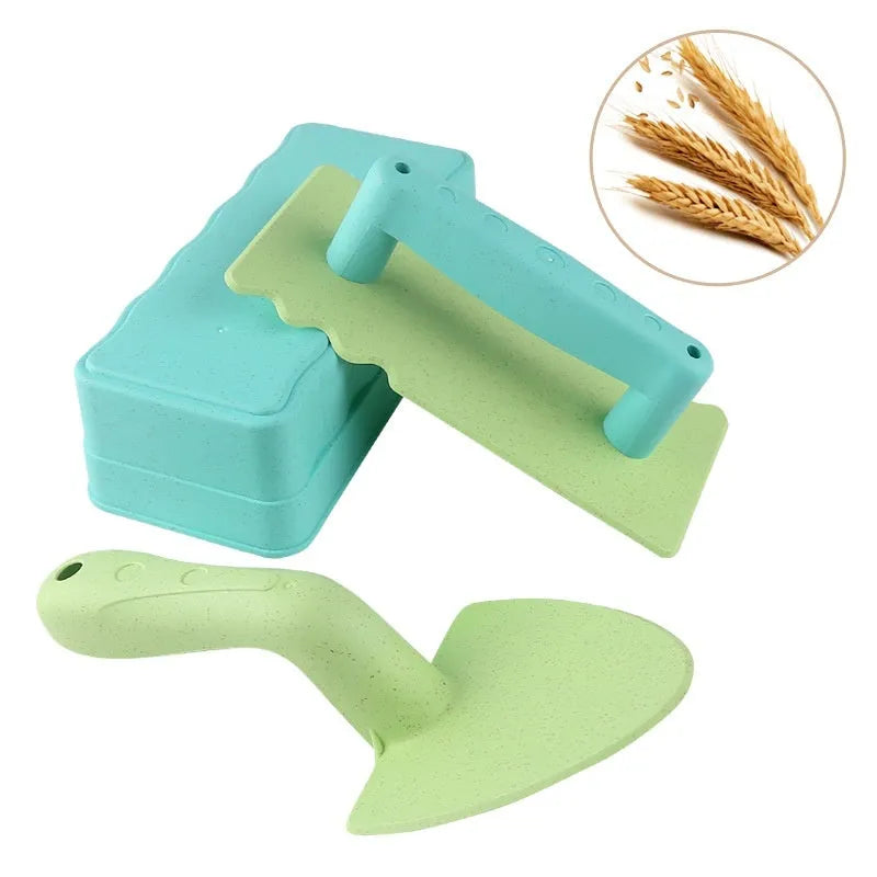 Wheat straw sand shovel toy 19cm in brown and green with brick mould