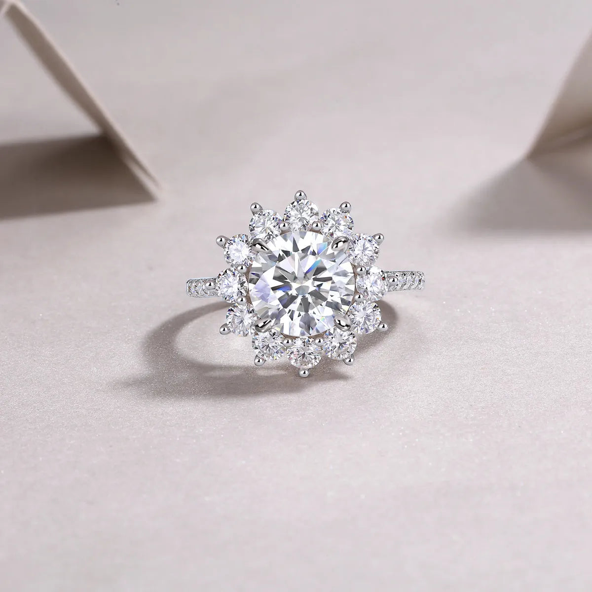 Sunflower wedding ring set with 3-carat moissanite centre stone in platinum-plated S925 silver band, gift box and GRA certificate