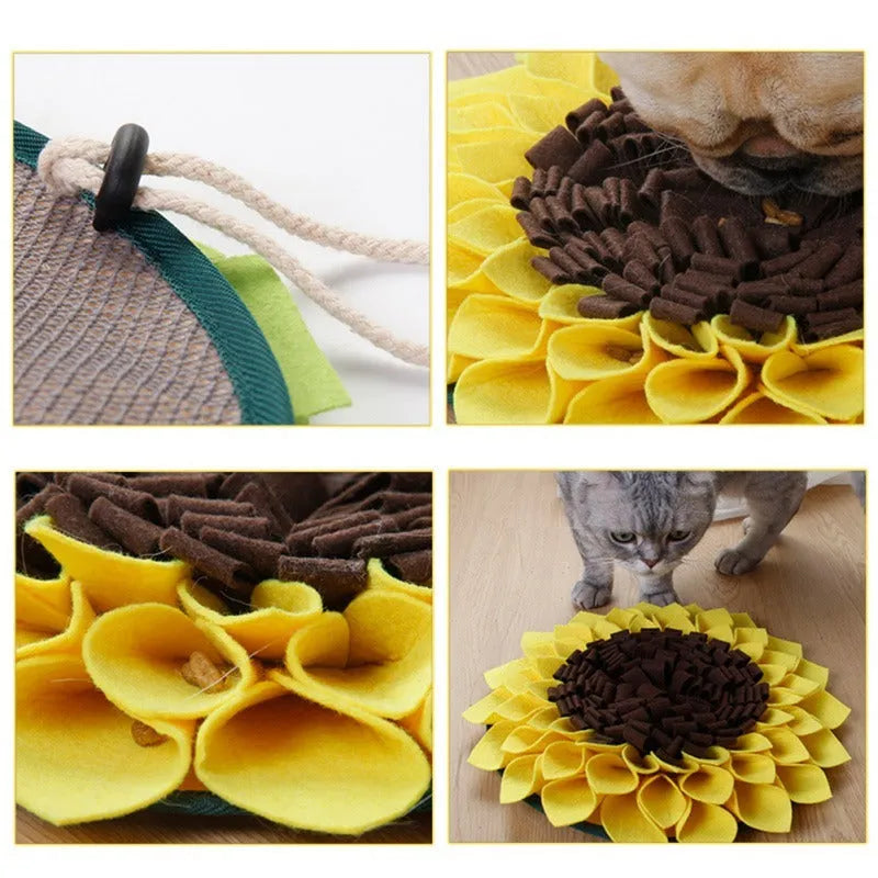 Yellow sunflower-shaped dog snuffle mat with rope and buckle for hanging or fixing