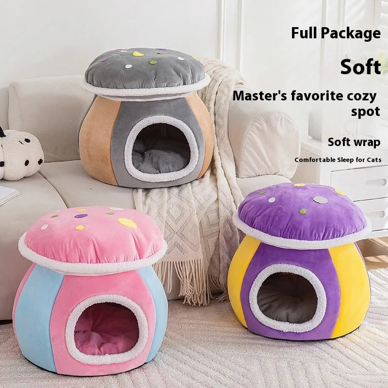 Mushroom cat nest in thermal rabbit plush with detachable cover in grey, pink or purple colours