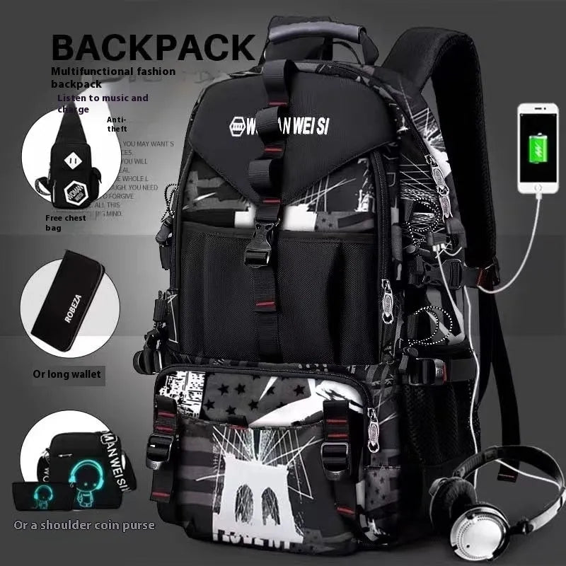 Men's waterproof Oxford cloth hiking backpack with air pillow belt system in camouflage black colour