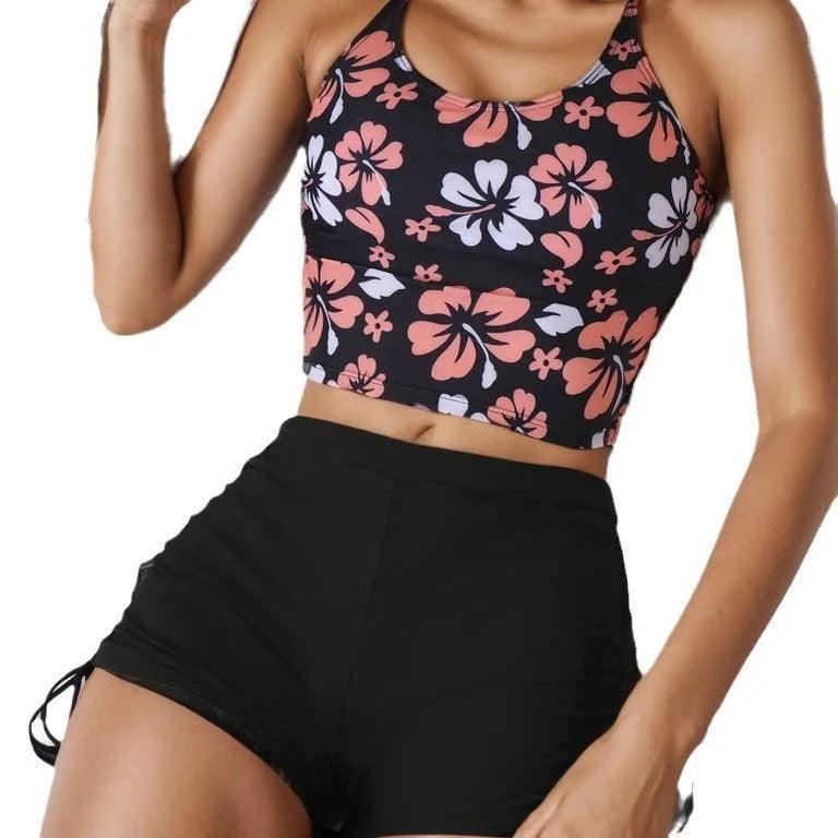 Women's high waist floral backless bikini swimsuit in colour FP45BK on a model