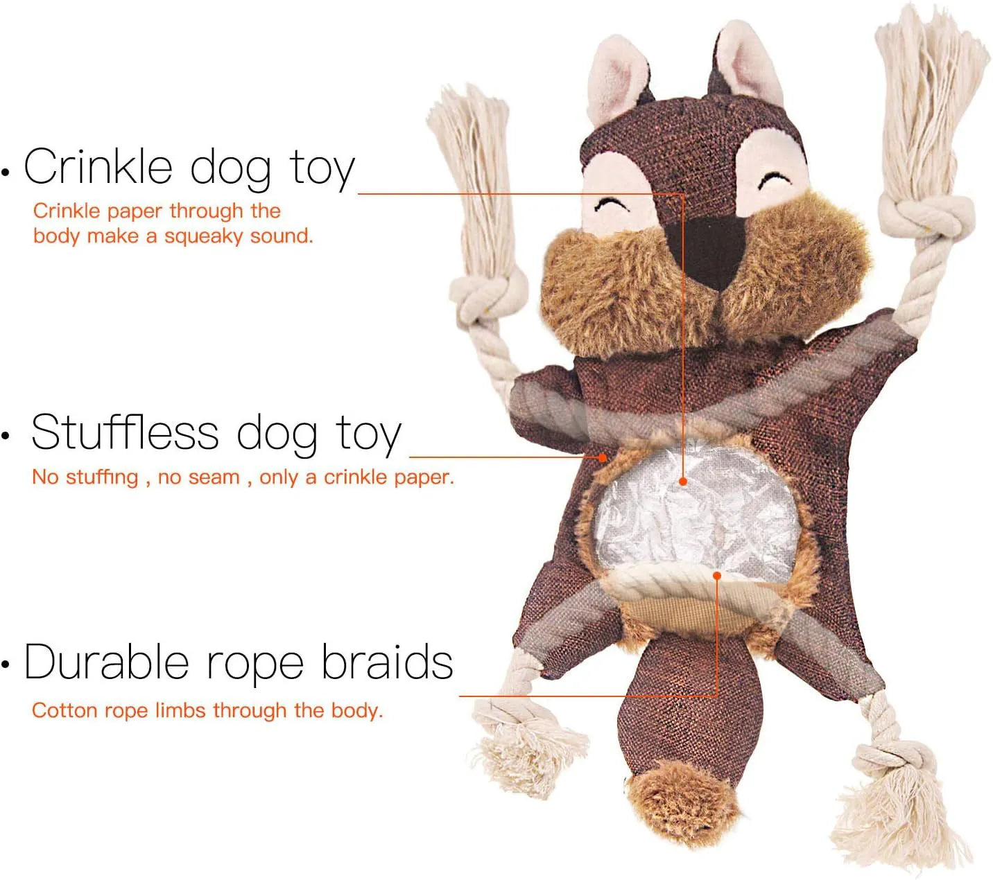 Brown fox-shaped dog toy with embroidered eyes, cotton rope limbs, and crinkle paper body