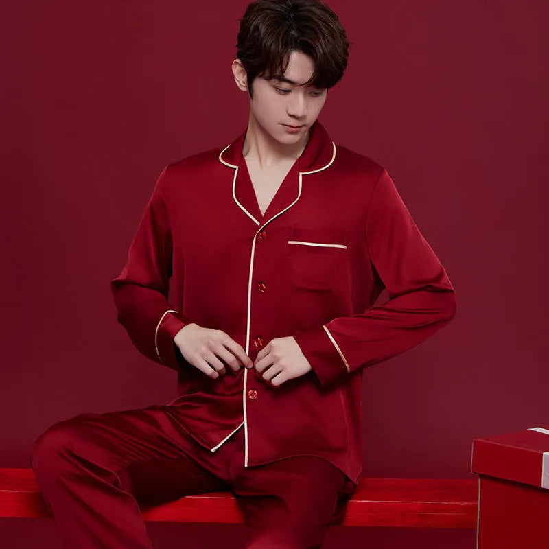 Red polyester sleepwear set for men and women with long sleeves and trousers