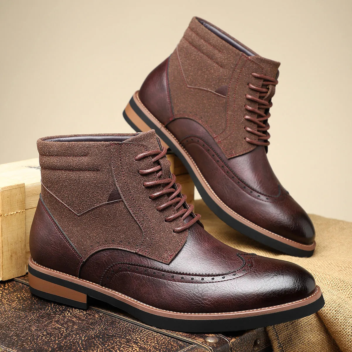 Men's retro Martin boots mid-calf carved slip-on block heel pointed toe artificial PU upper in Army Green colour