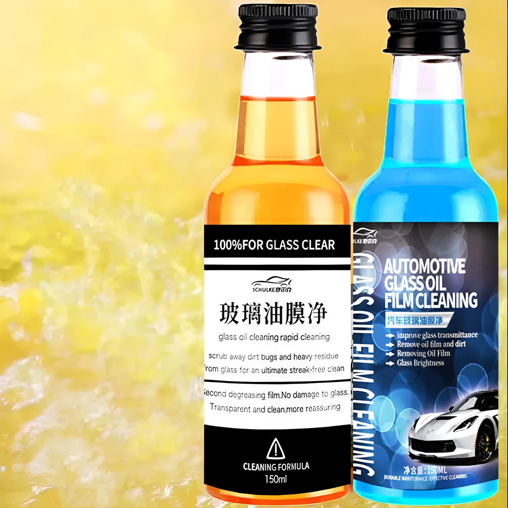 150ml spray bottle of car glass oil film remover cleaner in blue and yellow packaging options.