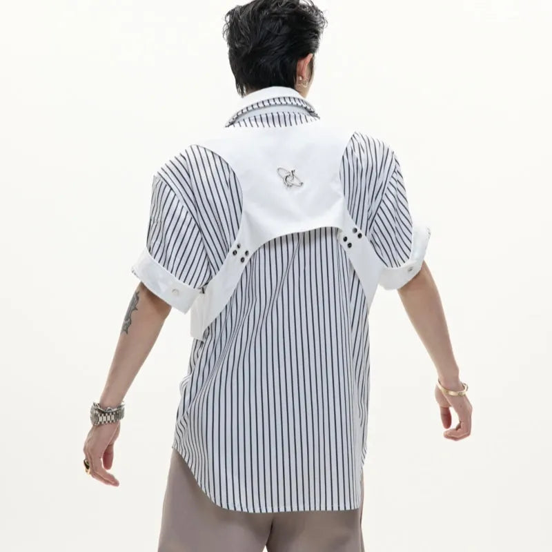 Men's black and white striped cotton shirt with double lapel collar design, short sleeves