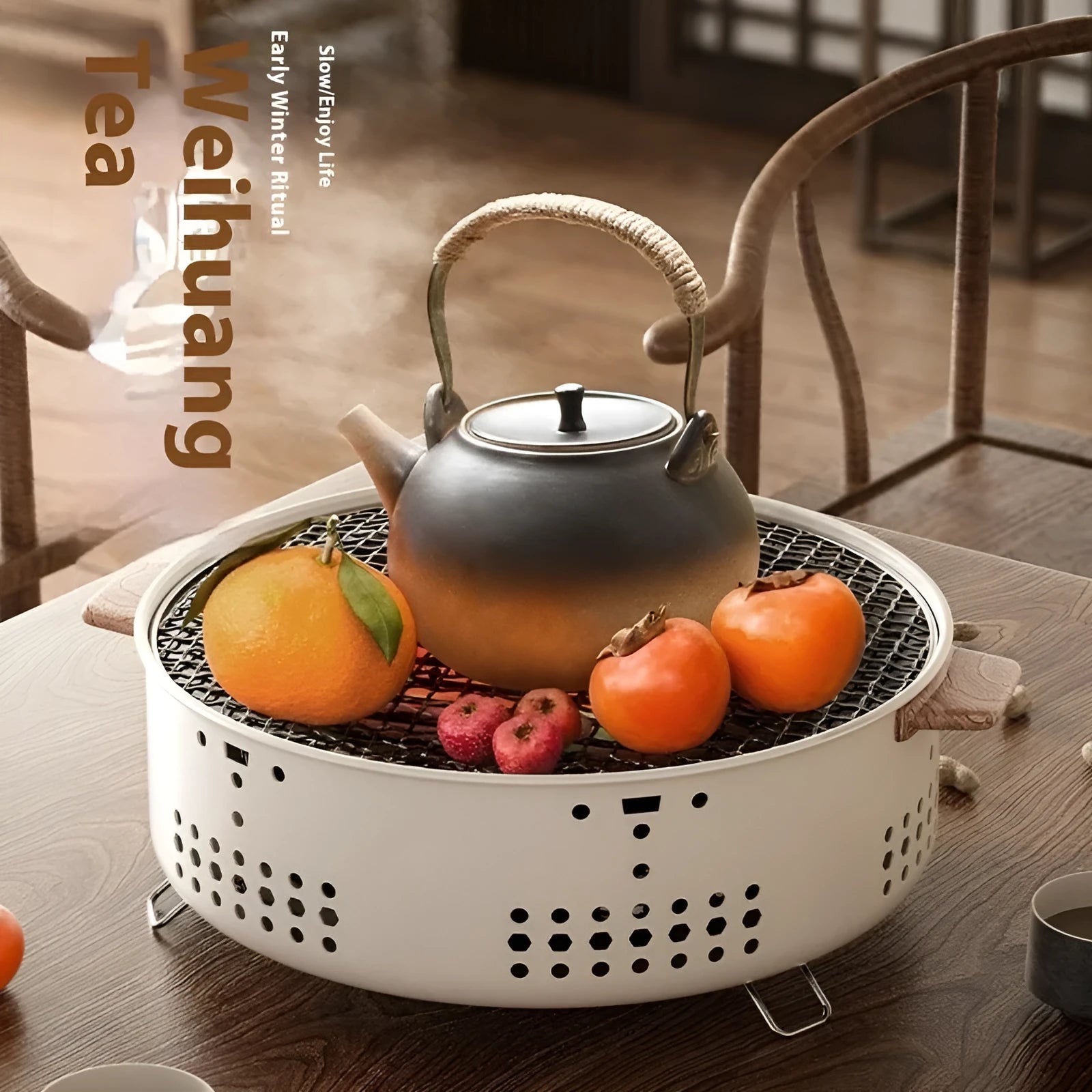 Portable charcoal tea stove with removable grill rack disk for indoor baking