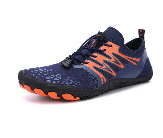 White and black lace-up outdoor sports shoes with a rubber sole on a plain background