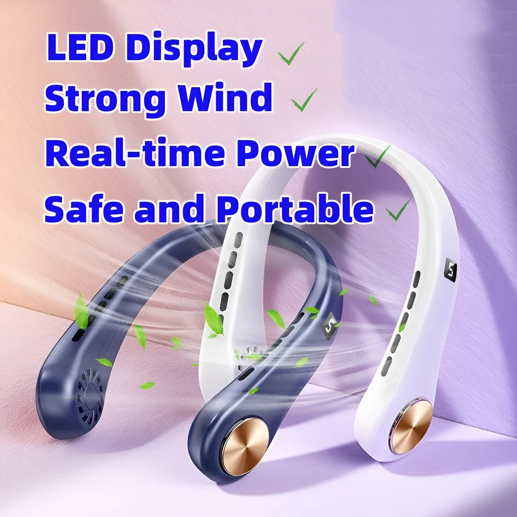 Portable bladeless neck fan in white hanging around neck with USB charging cable