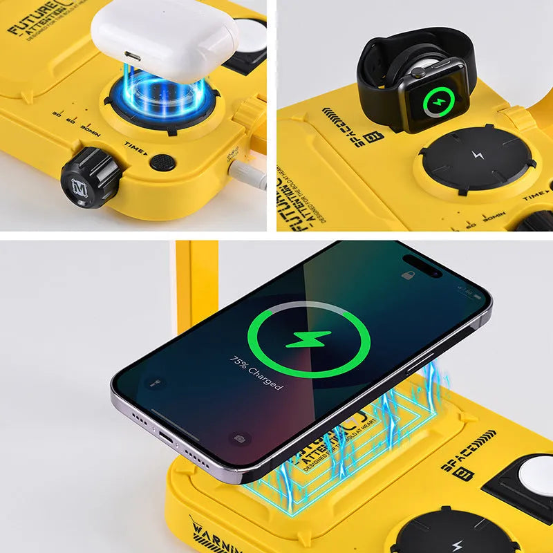 Three-in-one wireless charger with smart night lamp, geometric stereo design, US standard plug