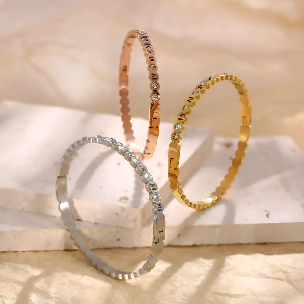 Korean style titanium steel bracelet with numeric decoration in gold, rose gold or steel electroplated finish