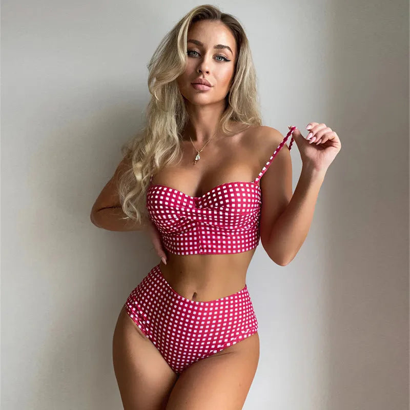 Women's plaid bikini swimsuit with high waist briefs in rose red, shown with matching top.