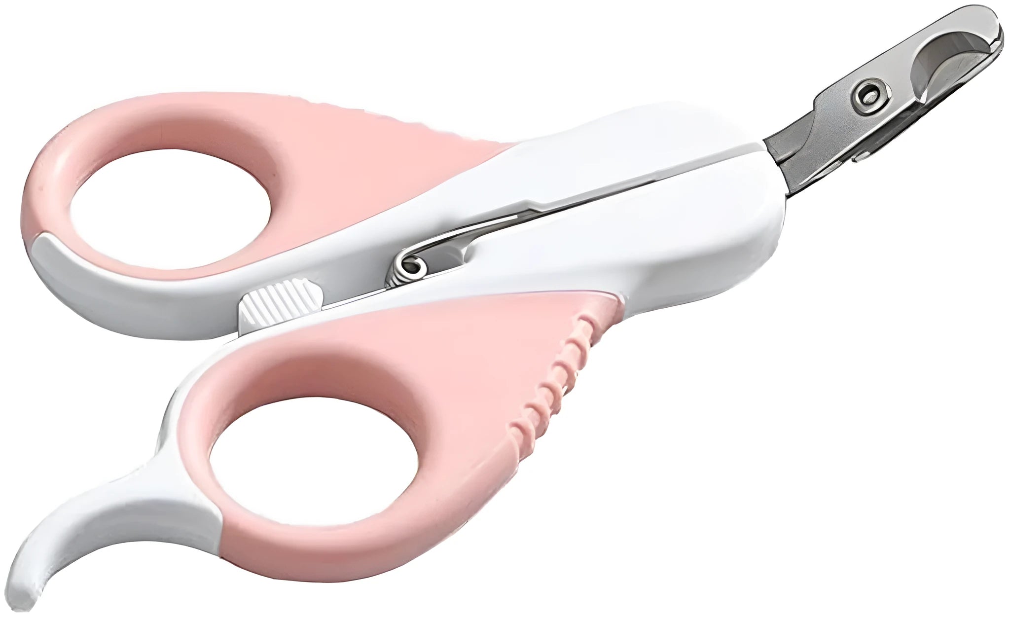 Grey and pink stainless steel cat nail clippers with angled blade and safety lock