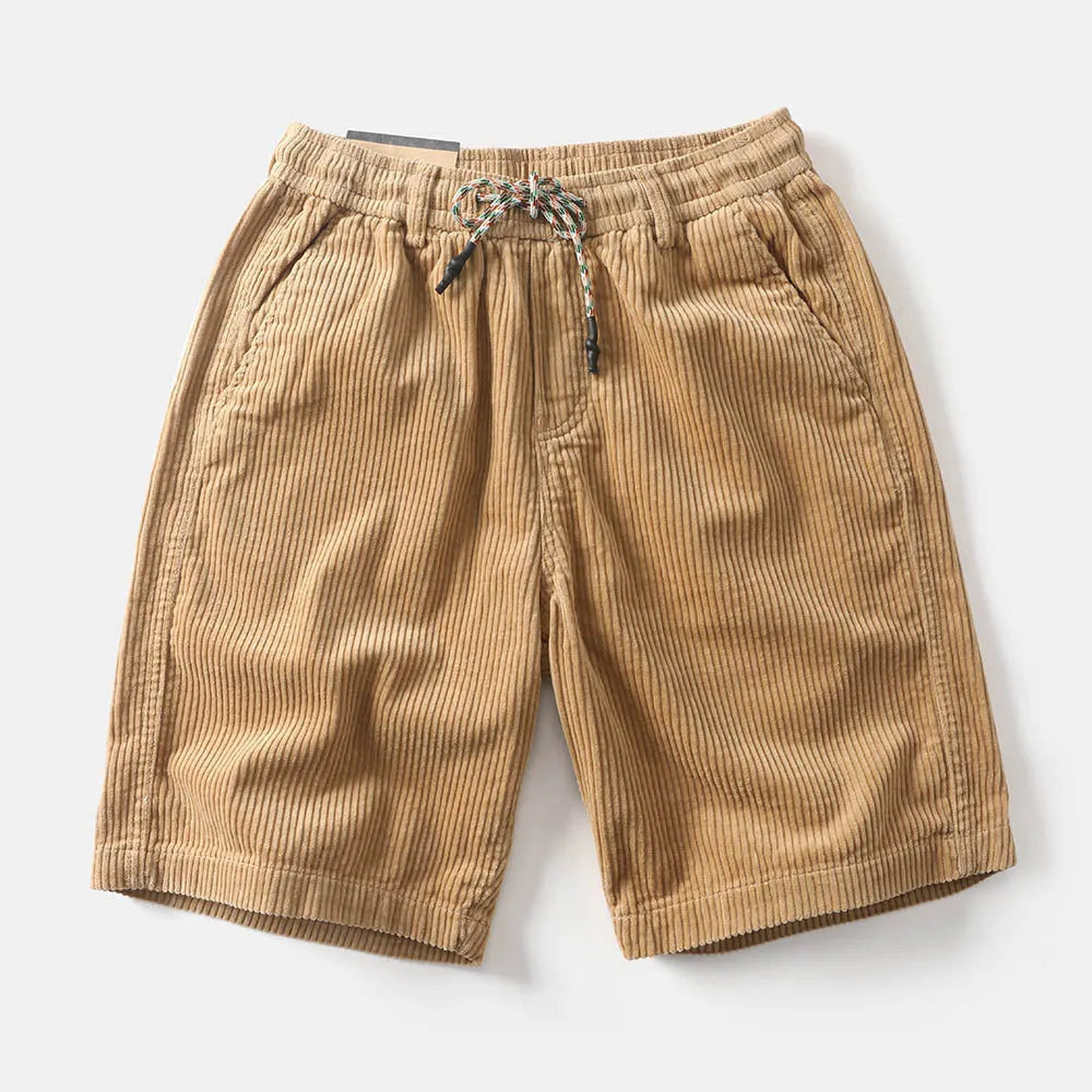 Men's khaki retro cargo shorts with straight leg and pockets on a mannequin.
