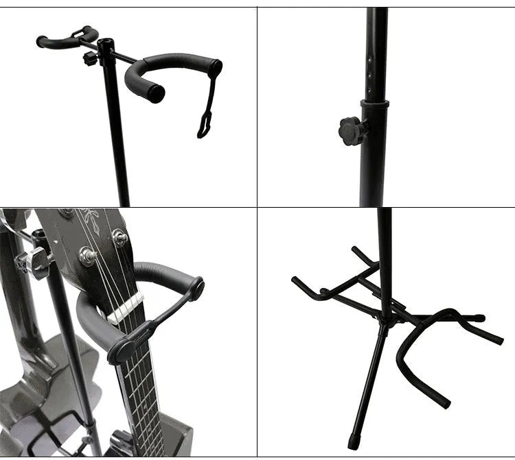 Black vertical adjustable guitar stand showing height mechanism and double-headed design